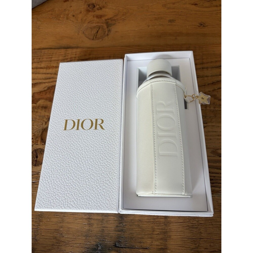 New in Box Christian DIOR Glass Water Bottle w/ Logo Sleeve & Star Charm w/ Bag